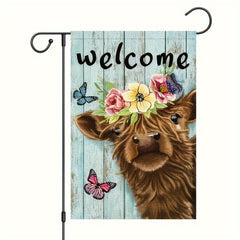 Welcome Highland Cow Garden Flag Burlap Rustic Farmhouse Highland Cow