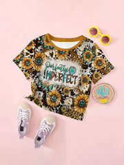Western Style Short Sleeve T shirt Girls Sunflower Print Comfy Summer Clothes