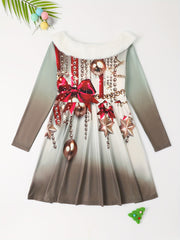 Girls MERRY CHRISTMAS Print Crew Neck Long Sleeve Dress For Christmas Gift