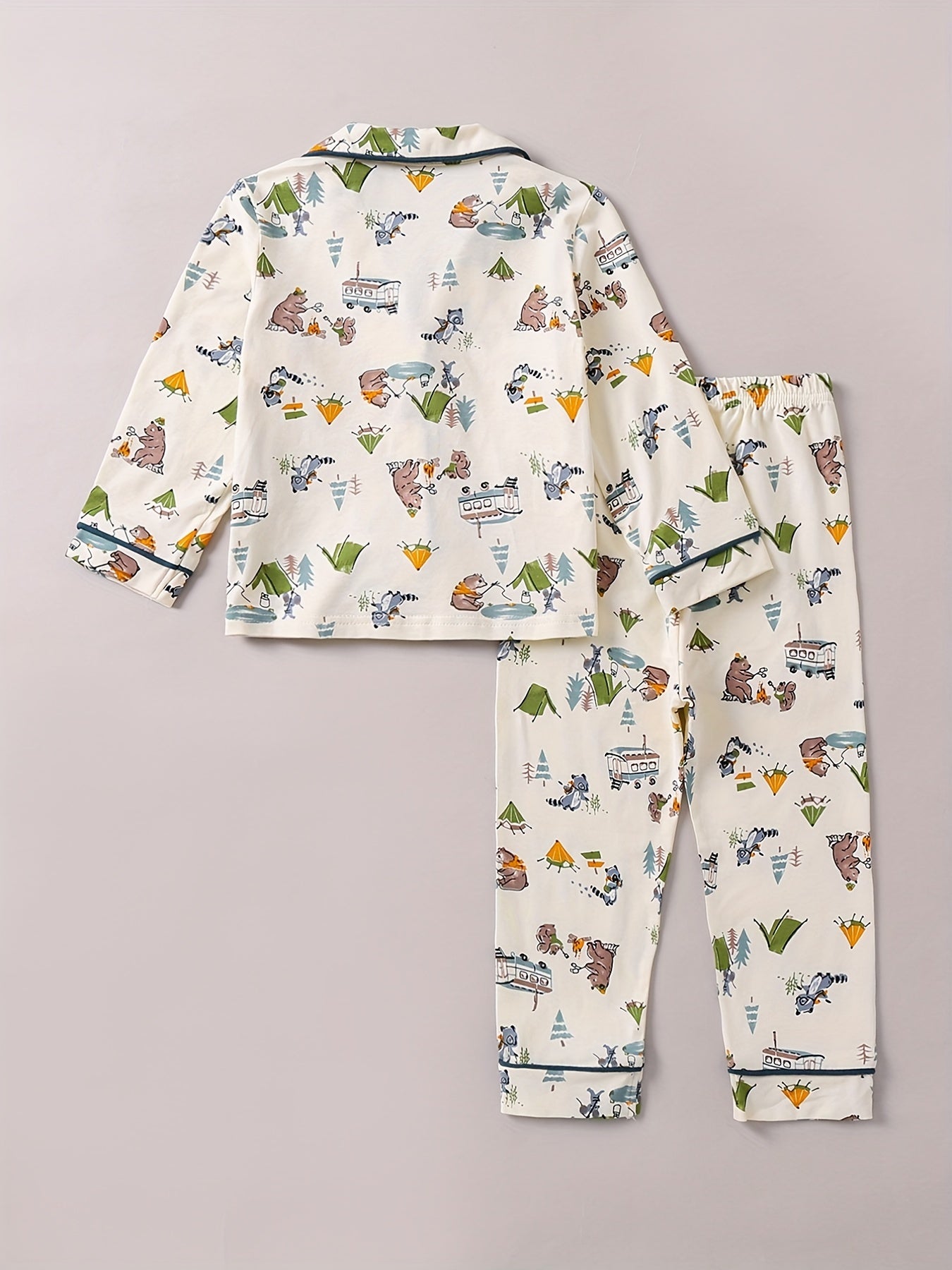 Boys Bear Print Pajama Set Long Sleeve Button Front Homewear PJ Set