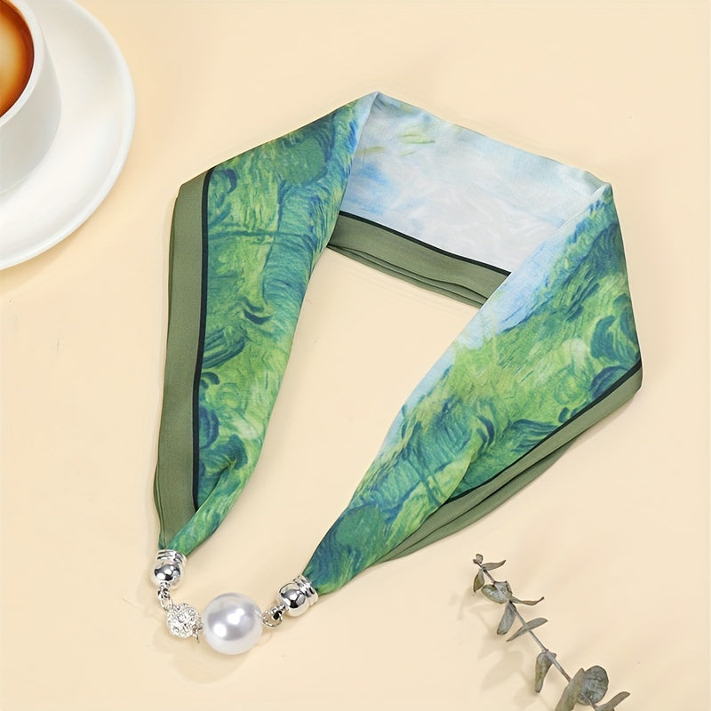 Oil Painting Print Scarf with Magnetic Buckle Silk Necklace