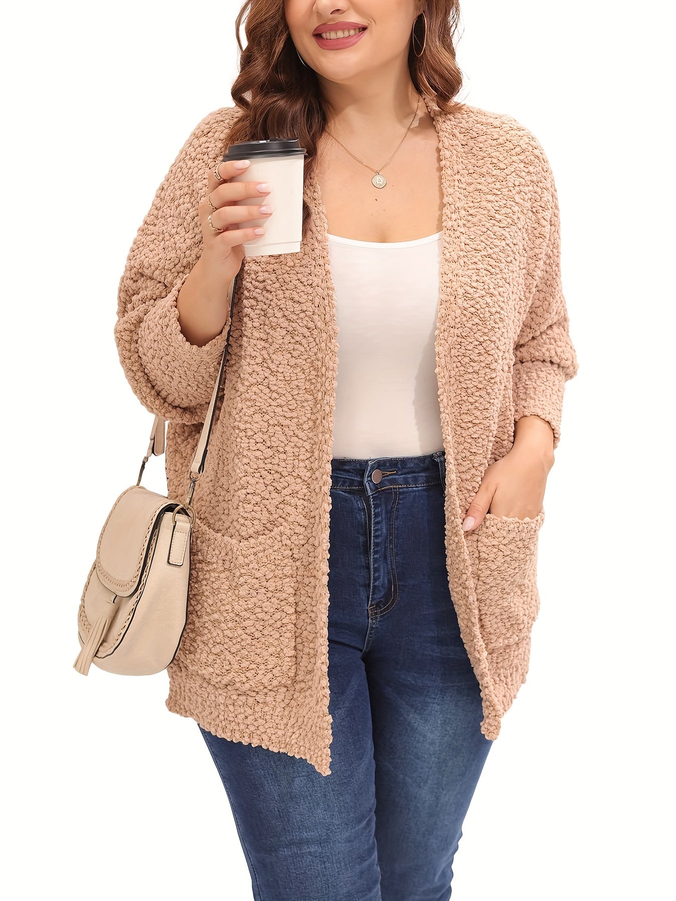 Casual Cardigan Women's Plus Fluffy Long Sleeve Slight Stretch