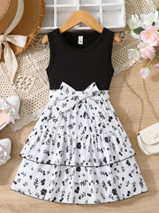Girls' Holiday Party Dress with Belt, Sleeveless Floral Casual