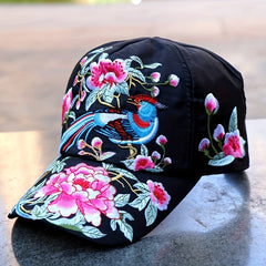 Bird Embroidery Backless Baseball Cap Boho Ponytail Sun Hat