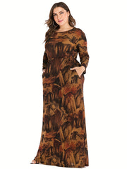 Allover Print Long Sleeve Maxi Dress With Pockets