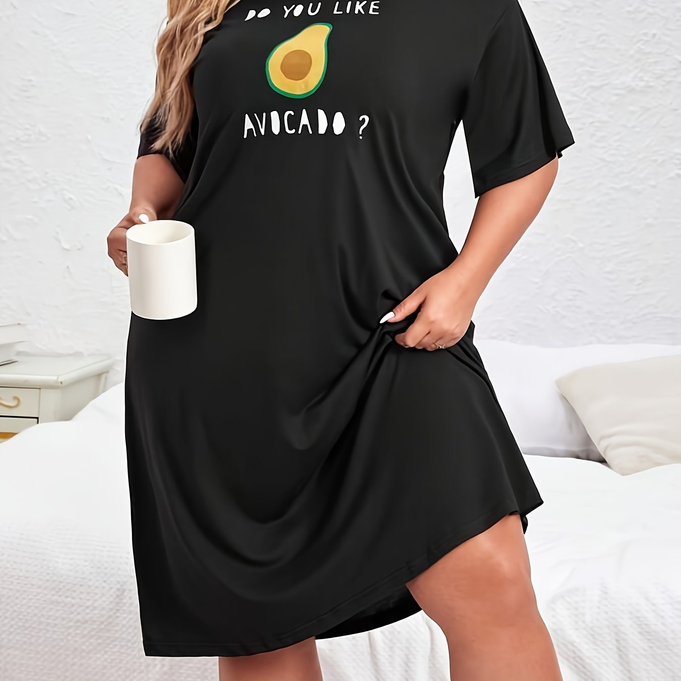 Avocado & Slogan Print Round Neck Tee Sleep Dress