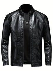 Men's PU Leather Motorcycle Jacket Stand Collar Zipper Closure