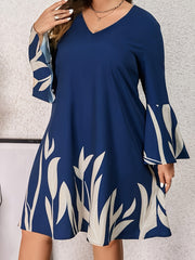Women's Floral Print Bell Sleeve V Neck Casual Dress