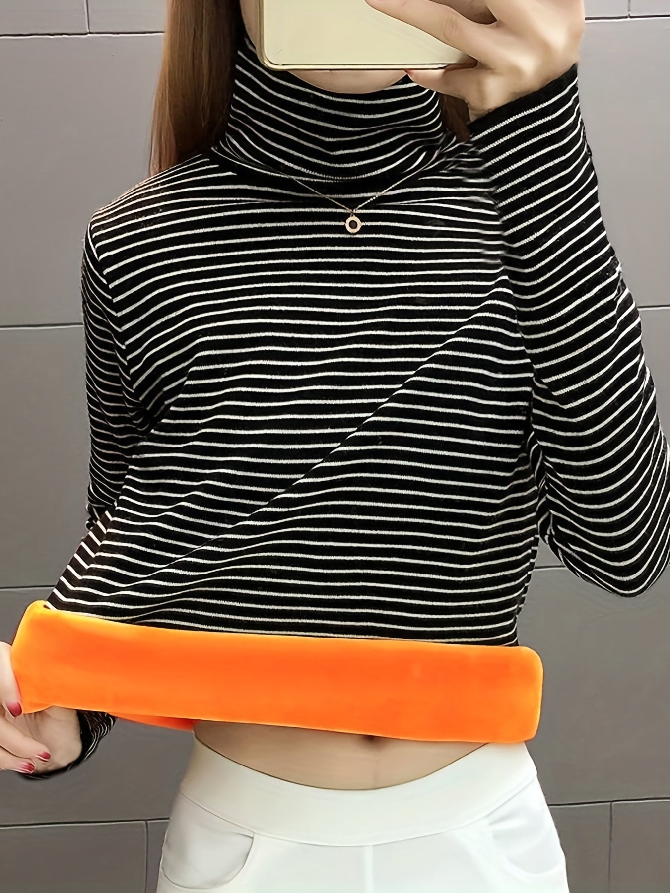 Stripe Turtleneck Pullover Sweatshirt Plush Crew Neck