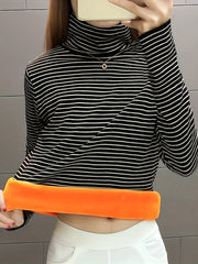 Stripe Turtleneck Pullover Sweatshirt Plush Crew Neck