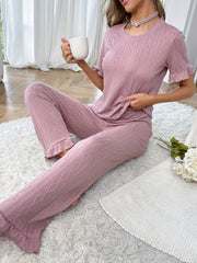 Argyle Print Pajama Set Short Sleeve Crew Neck Top & Ruffle Pants