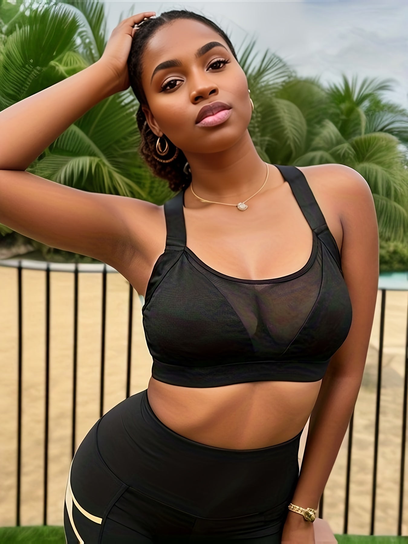 Sports Bra Contrast Mesh Crisscross Back Shockproof Gym B