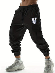V Letter Print Casual Cargo Pants Men's Joggers for Spring