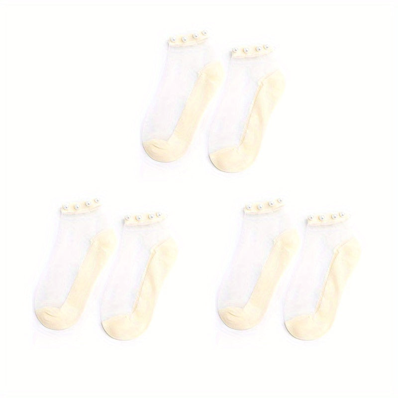 3 Pairs Girls Pearl Edge Glass Silk Crystal Socks Kids Breathable Ankle Socks