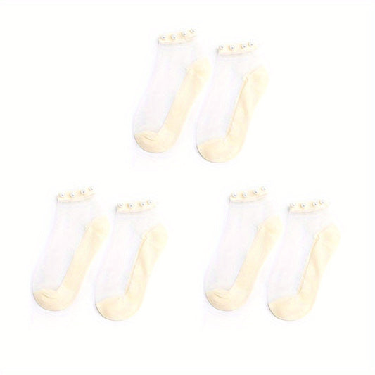 3 Pairs Girls Pearl Edge Glass Silk Crystal Socks Kids Breathable Ankle Socks