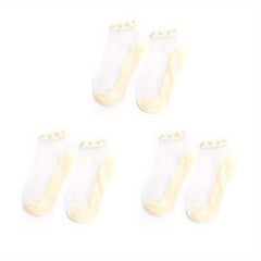 3 Pairs Girls Pearl Edge Glass Silk Crystal Socks Kids Breathable Ankle Socks