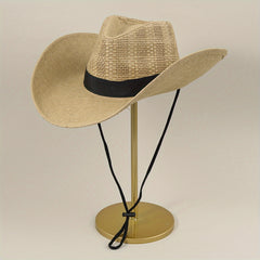 Drawstring Woven Cowboy Hat Outdoor Seaside Sunscreen Jazz Straw Hat