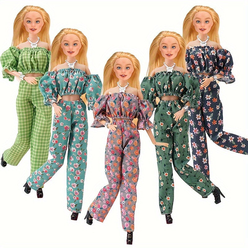 Floral Doll Dress Set One Shoulder Doll Outfit with Accessories