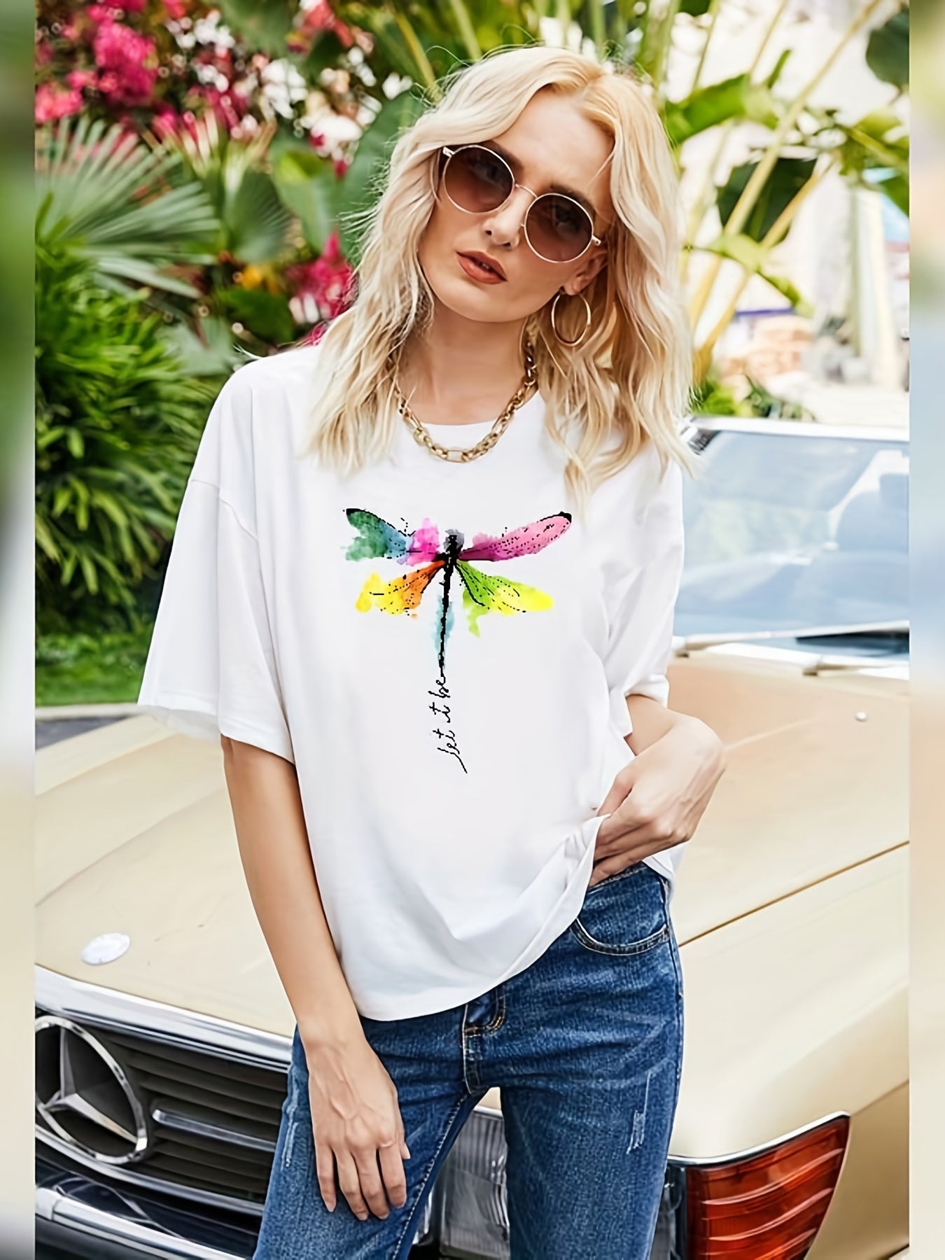 Dragonfly Printed Casual Sports T-shirt Short Sleeve Women's Top