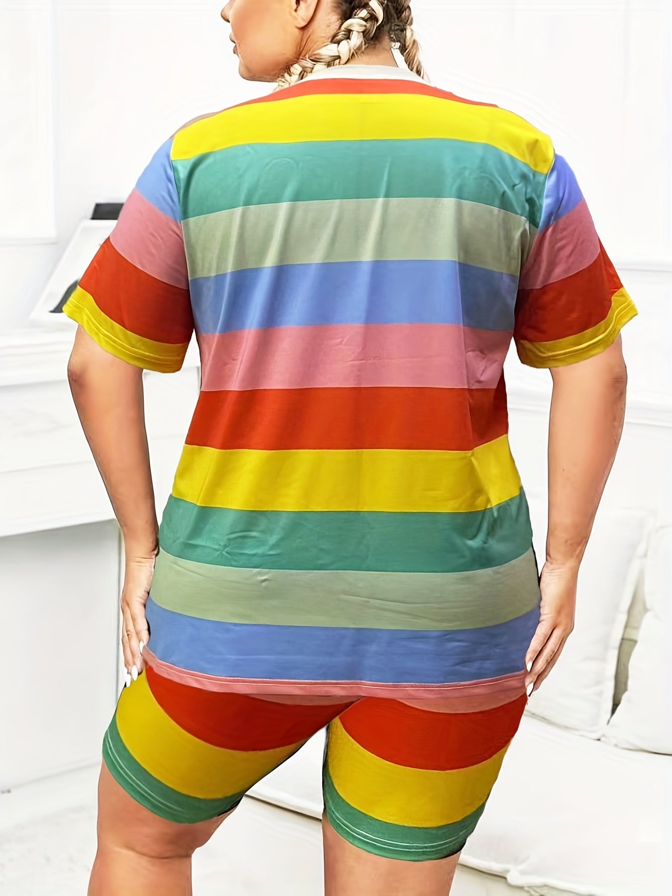 Women's Plus Stripe Letter Print Tee & Shorts Two Piece Set