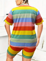 Women's Plus Stripe Letter Print Tee & Shorts Two Piece Set