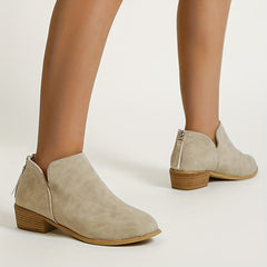 Women's Low Heel Ankle Boots V Cut Zipper Stacked Heel Short Boots