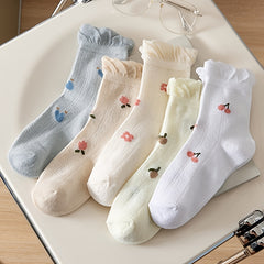 5pairs Ruffled Trim Floral Mid Tube Socks for Women