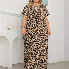 Leopard Print Round Neck Maxi Dress Short Sleeve Plus Size