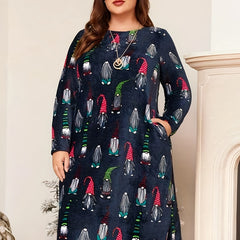 Christmas Casual Dress Women's Plus Graphic Print Long Sleeve Dress