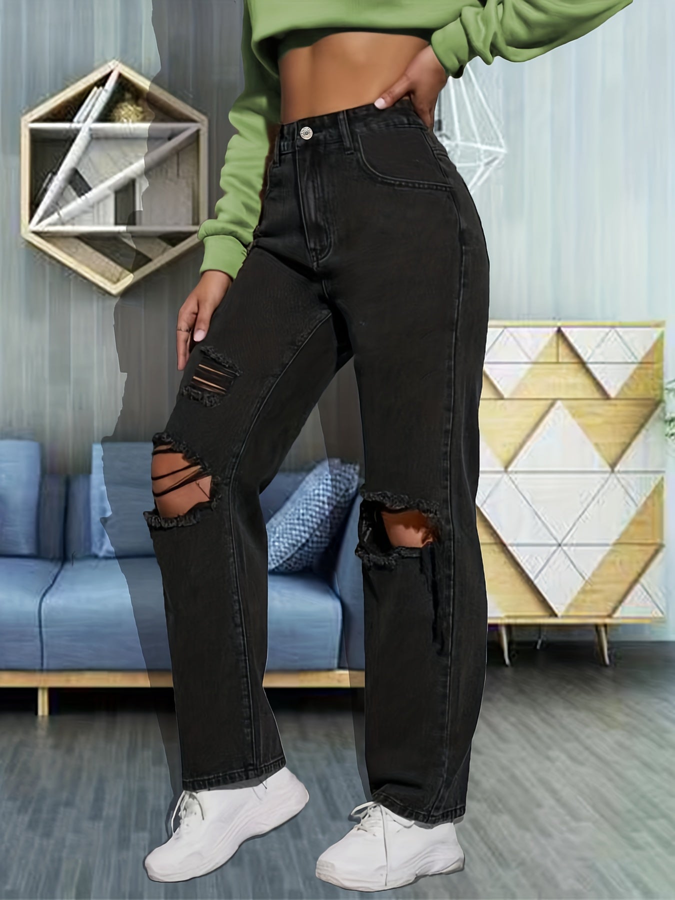 Ripped Knee Cut High Rise Loose Denim Jeans