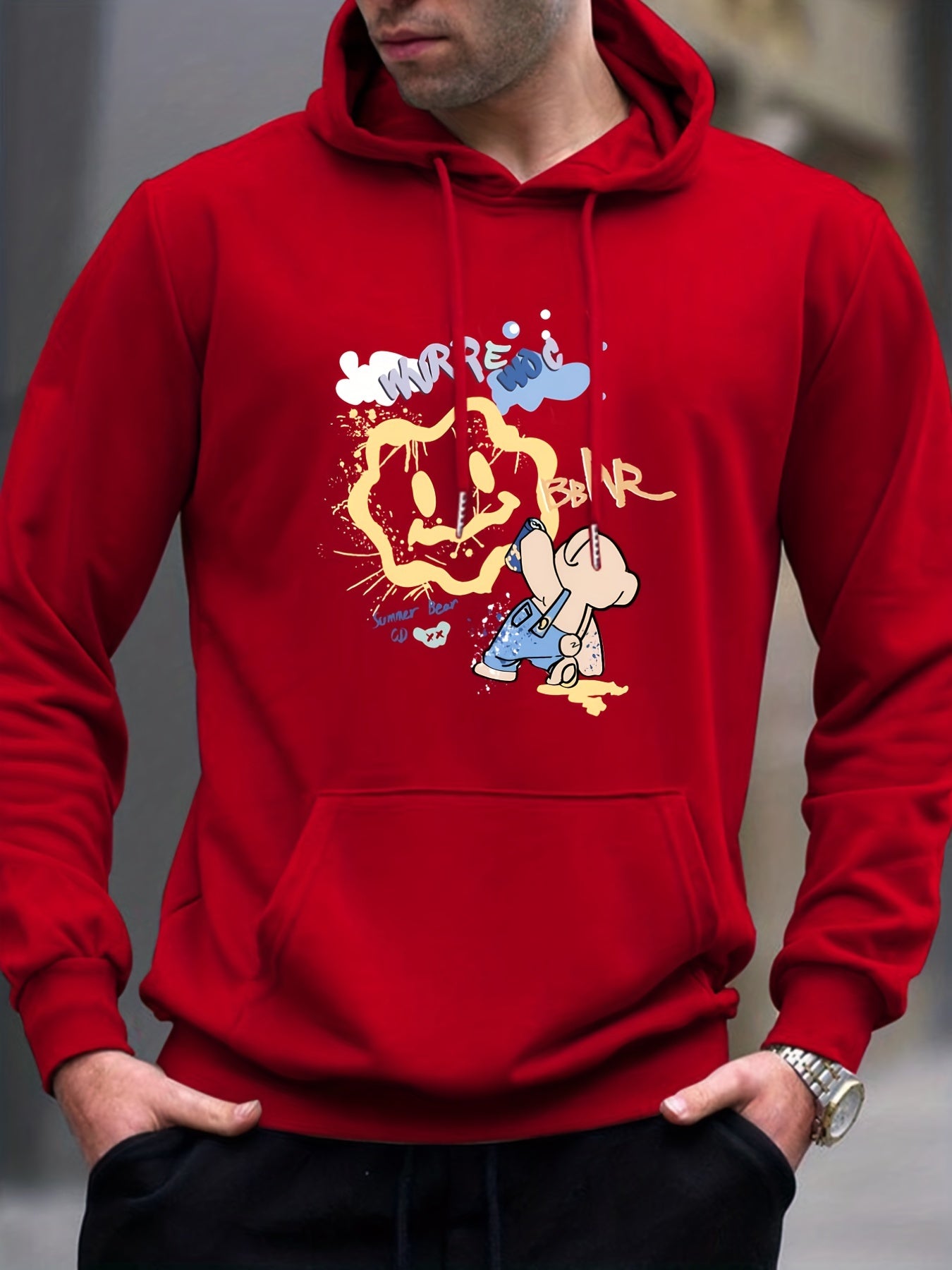 Cartoon Bear & Smile Face Print Hoodie for Men