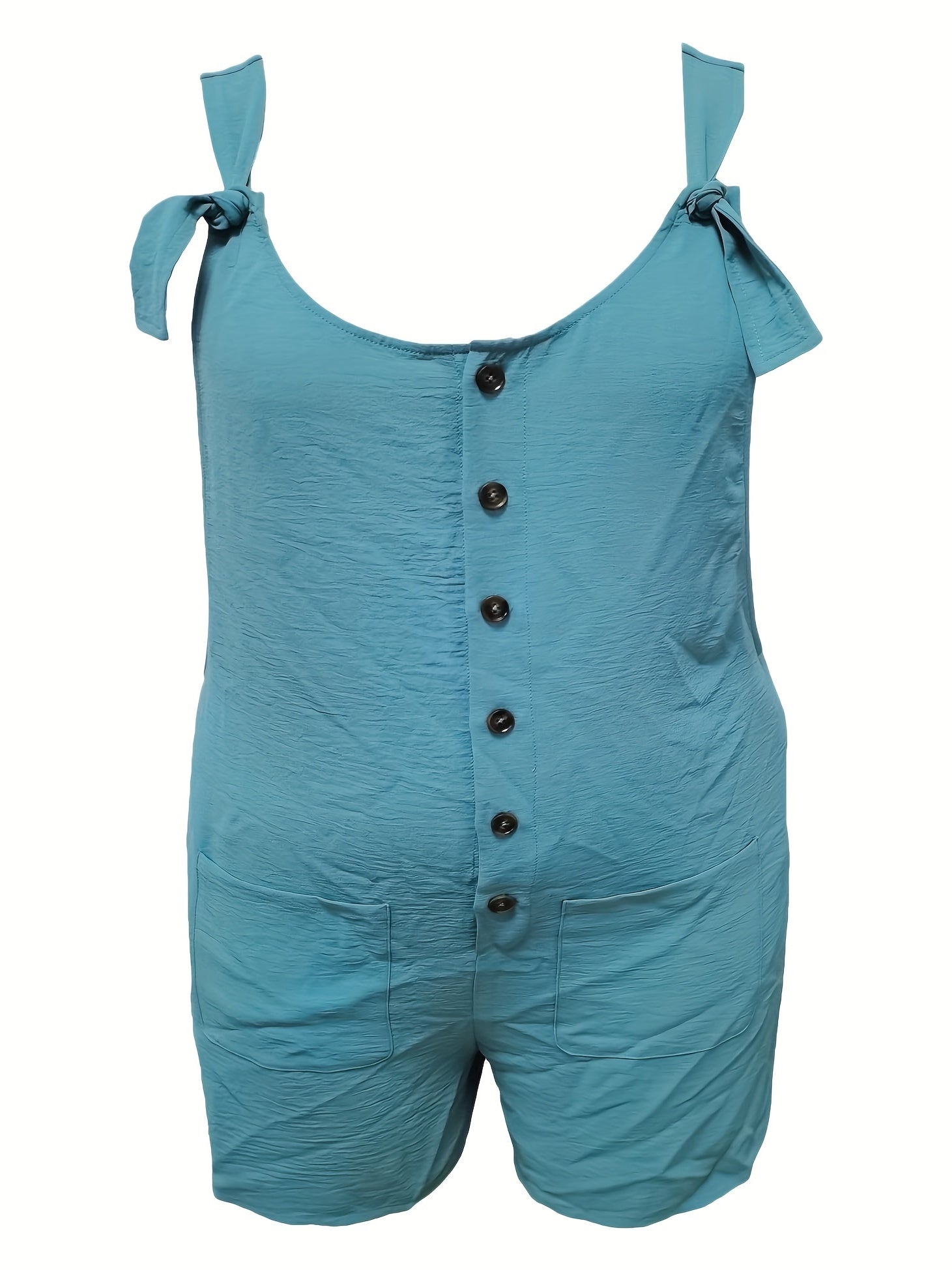 Casual Romper Plain Button Up Tie Shoulder Slight Stretch Romper