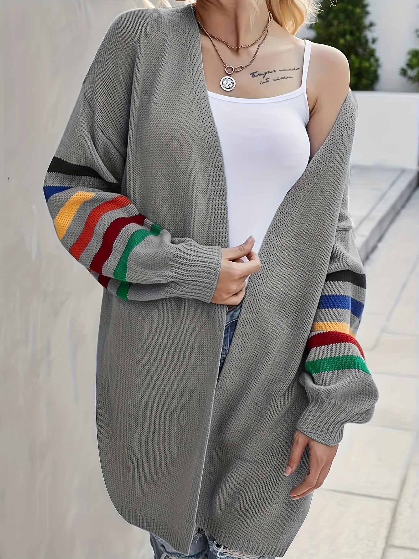 Casual Cardigan Women's Plus Stripe Print Drop
