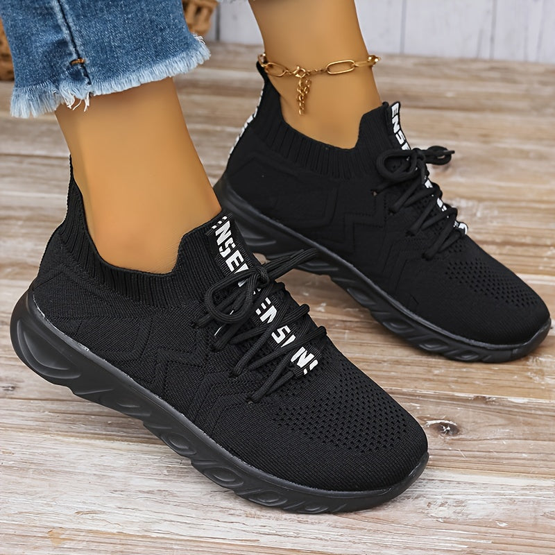 Wave Line Pattern Knit Athletic Running Shoes Mesh Lace up Sneakers