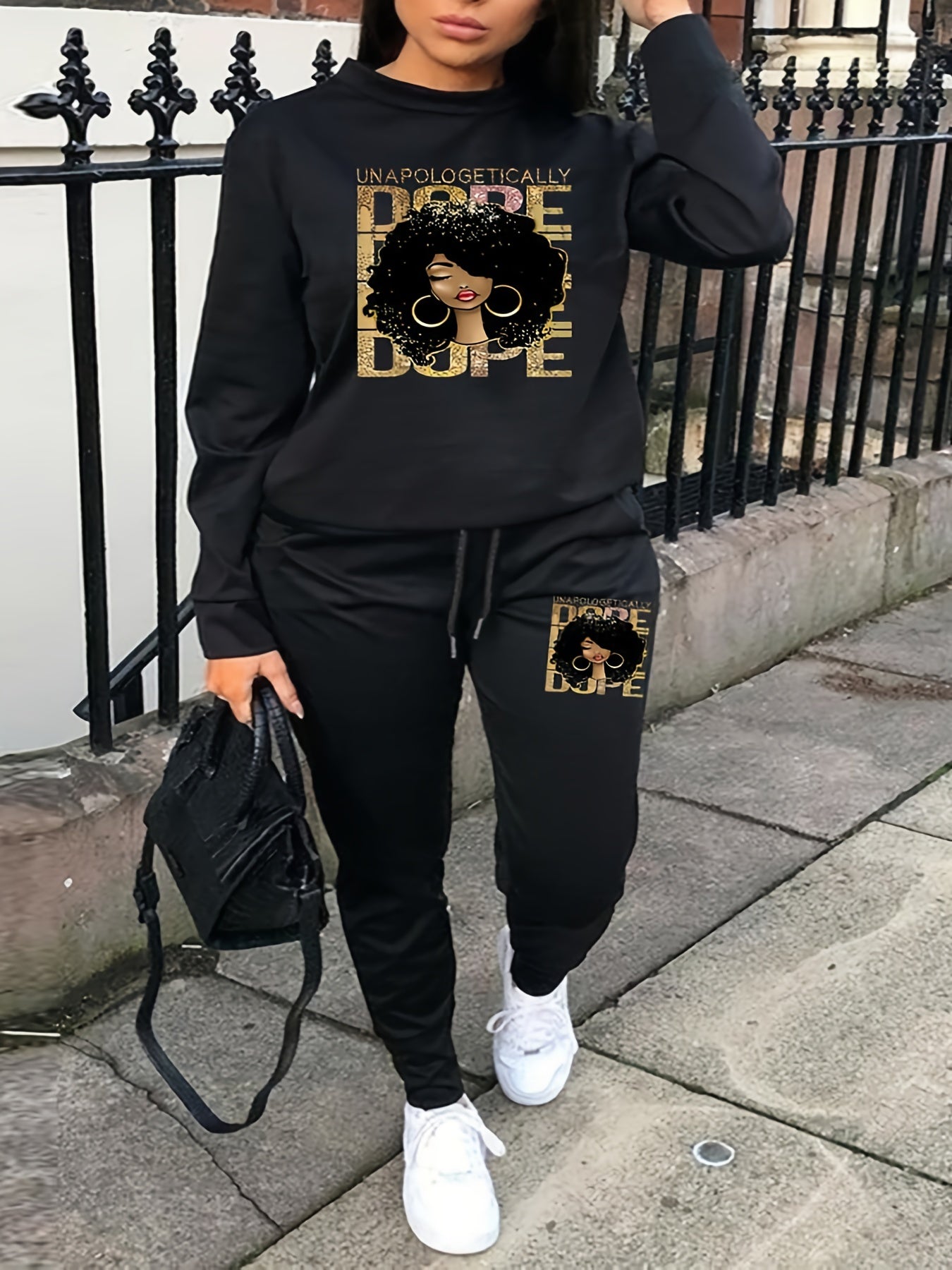Figure Print Sweatshirt & Drawstring Sweatpants Set Women's Plus