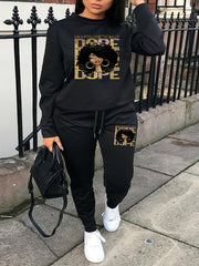 Figure Print Sweatshirt & Drawstring Sweatpants Set Women's Plus