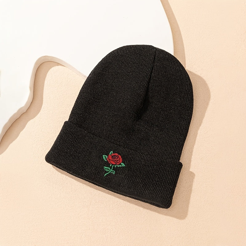Embroidery Rose Beanies Women Chunky Knit Beanie