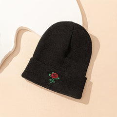 Embroidery Rose Beanies Women Chunky Knit Beanie