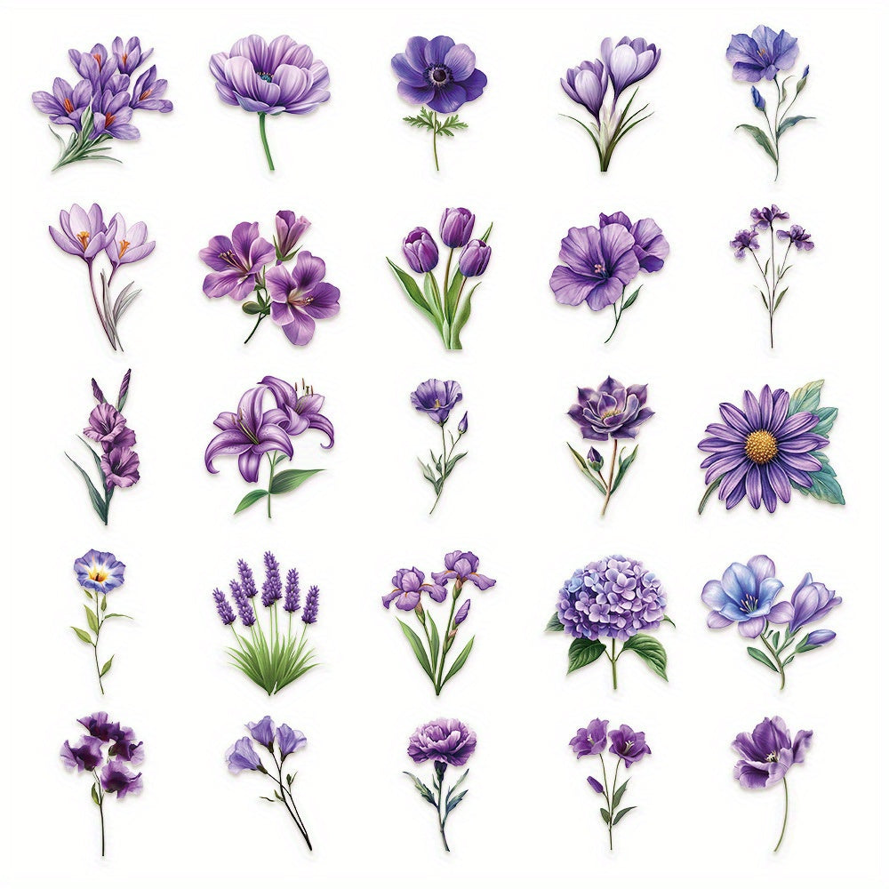 50pcs JJIJIAN Purple Romantic 2D Flower Stickers Vintage PET Stickers