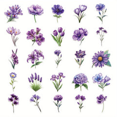 50pcs JJIJIAN Purple Romantic 2D Flower Stickers Vintage PET Stickers
