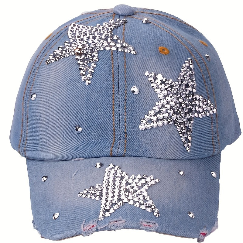 Rhinestone Pentagram Baseball Cap Ripped Distressed Cotton Dad Hat