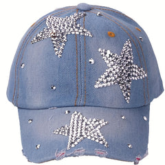 Rhinestone Pentagram Baseball Cap Ripped Distressed Cotton Dad Hat