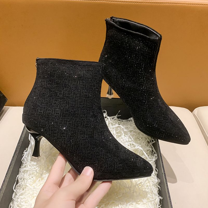 Rhinestone Decor Kitten Heel Point Toe Ankle Boots Women's Footwear