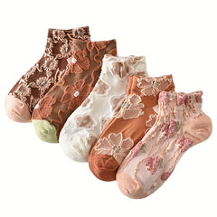 5 Pairs Flower Embossed Short Socks Colorblock Ankle Stockings Women's Hosiery