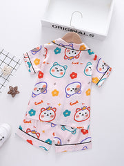 Girls Bear Graphic Pajama Set V neck Button Short Sleeve Top & Shorts