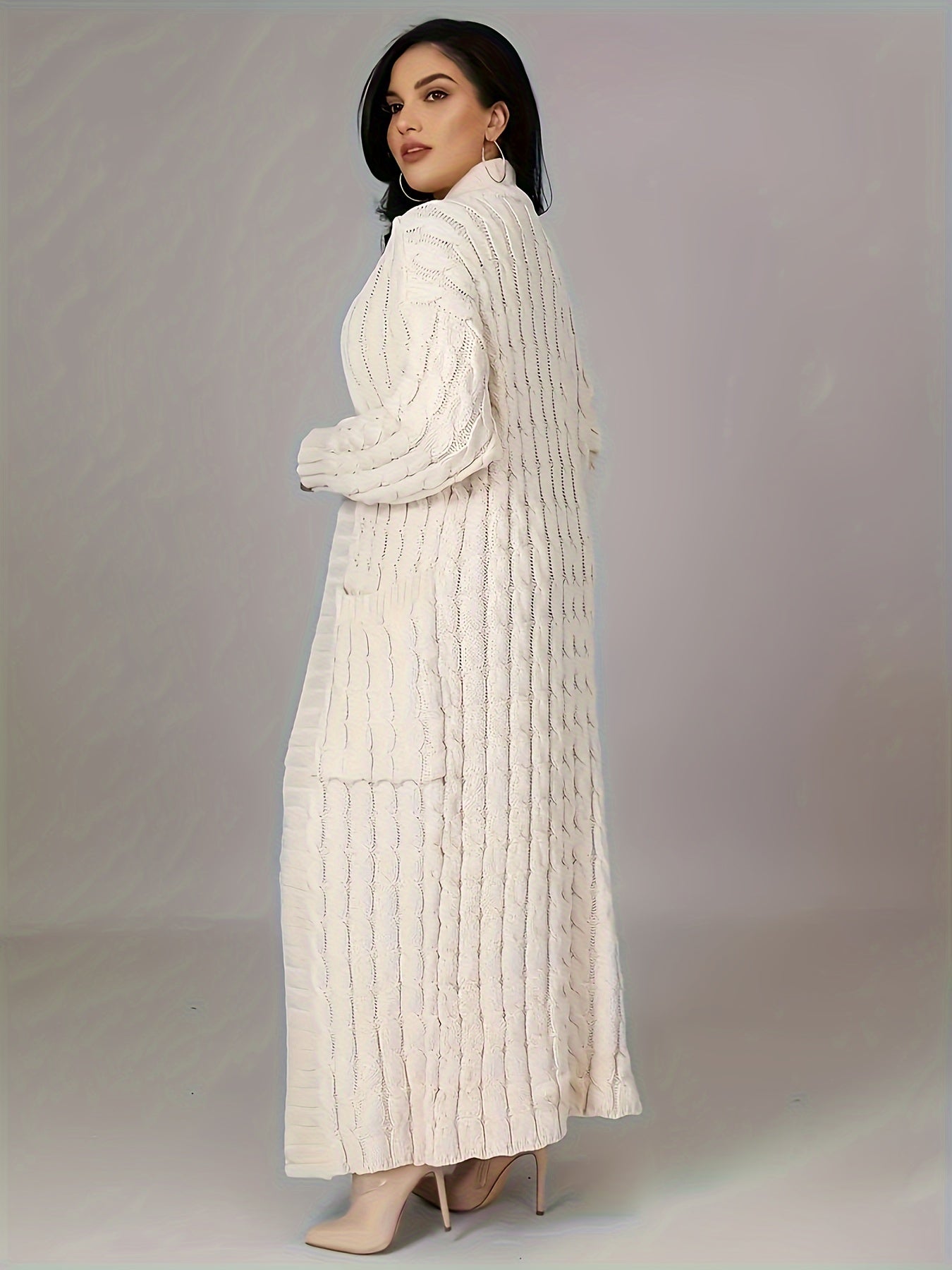 Solid Cable Long Sleeve Maxi Cardigan With Pockets