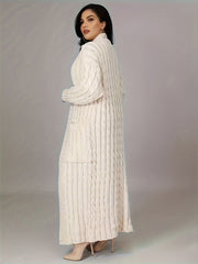 Solid Cable Long Sleeve Maxi Cardigan With Pockets
