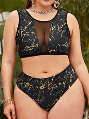 Marble Print Bikini Set Women's Plus Semi Sheer Swimsuit Beachwear