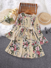 Girl Floral Print Long Sleeved Ruffle Dress with Butterfly Tie
