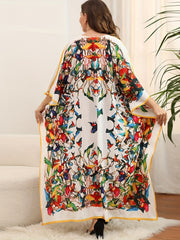 Boho Cover Up Dress Plus Size Print Bat Sleeve V Neck Slight S